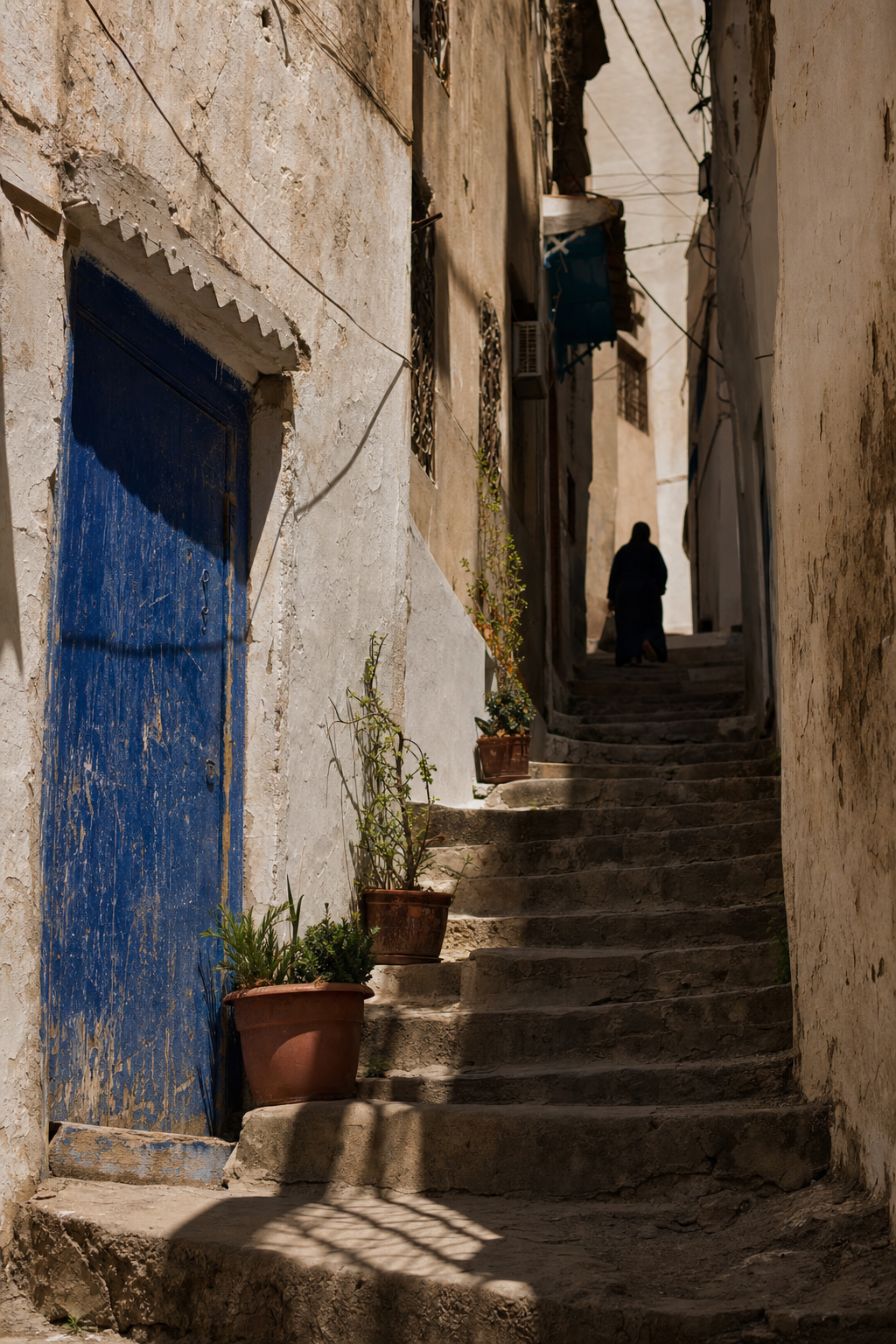 Escalier étroit et porte bleue dans la Casbah d'Alger